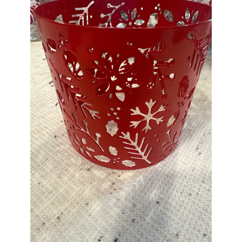Red Metal Lantern Candle Holder Snowflake Cutout Christmas Holiday Decor 3"